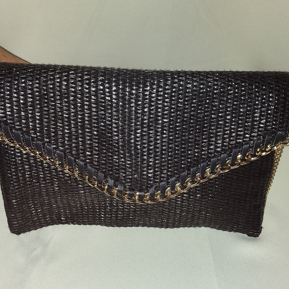 Aldo Black Runzi Woven Clutch with Gold Chain Accent